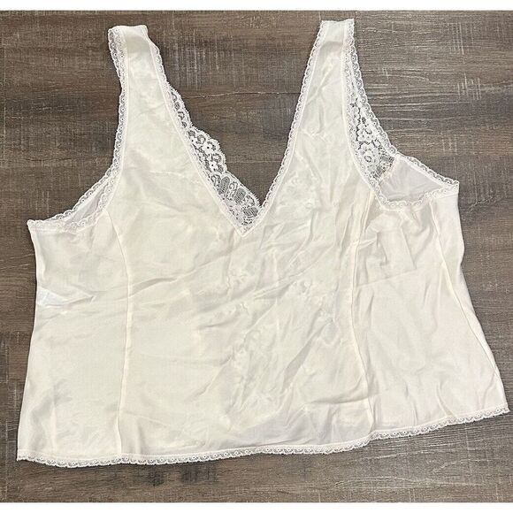 Vintage '60s Olga Lace Trim V Neck Pink Satin Floral Camisole Tank Top Slip 38 - Picture 4 of 5